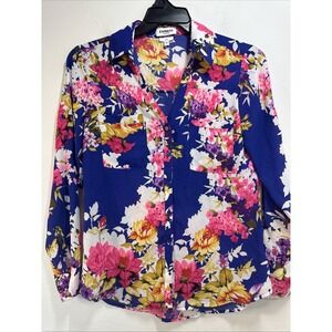 Express The Portofino Shirt Size Medium Slim Blue Floral Blouse Career Office
